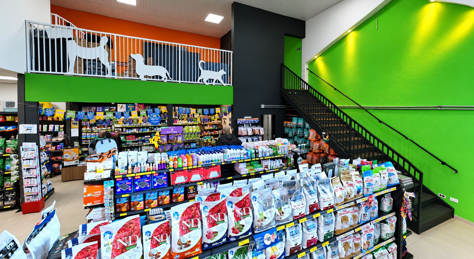 Interior da Iguana Empório Pet, com parede verde, mezanino e gôndolas cheias de produtos