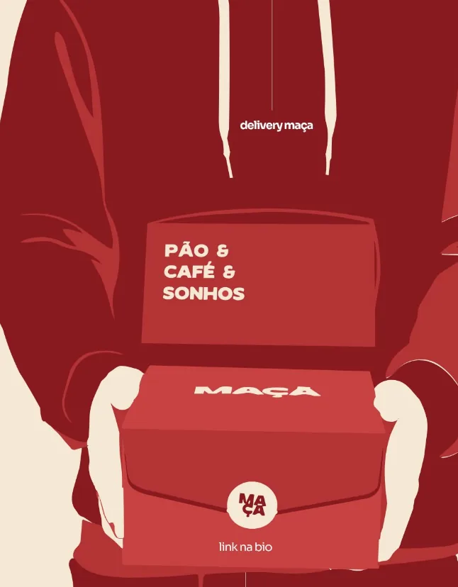 Ilustração de entregador de moletom vinho segurando caixas da Maçã, com o texto delivery maçã, link na bio
