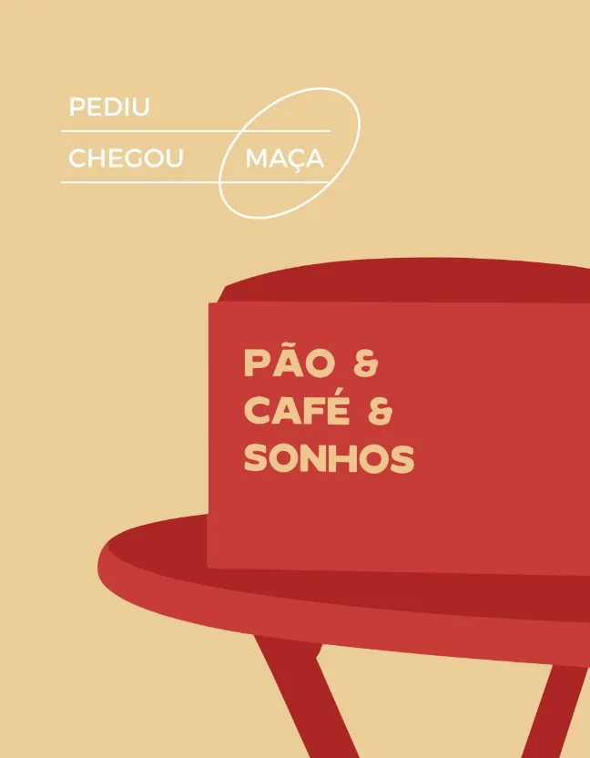 Peça: Pediu, chegou, Maçã. Caixa Pão & Café & Sonhos sobre mesa vermelha