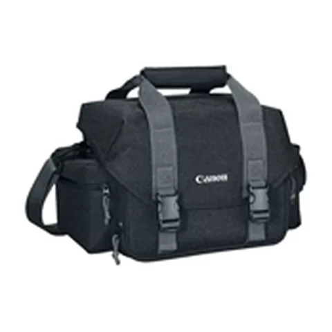 Bolsa preta para câmera com alças cinza e logotipo Canon
