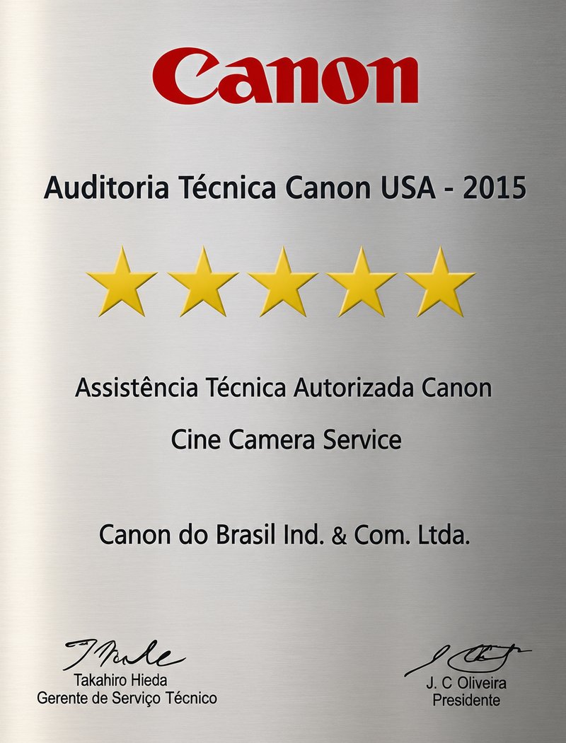 Certificado da Auditoria Técnica Canon USA 2015, cinco estrelas, emitido para a Cine Camera Service pela Canon do Brasil