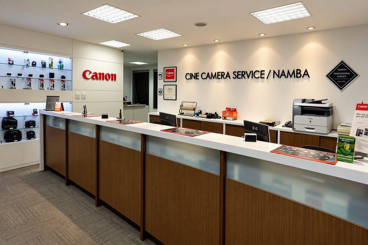Balcão de atendimento da Cine Camera Service / Namba, com vitrines de equipamentos Canon